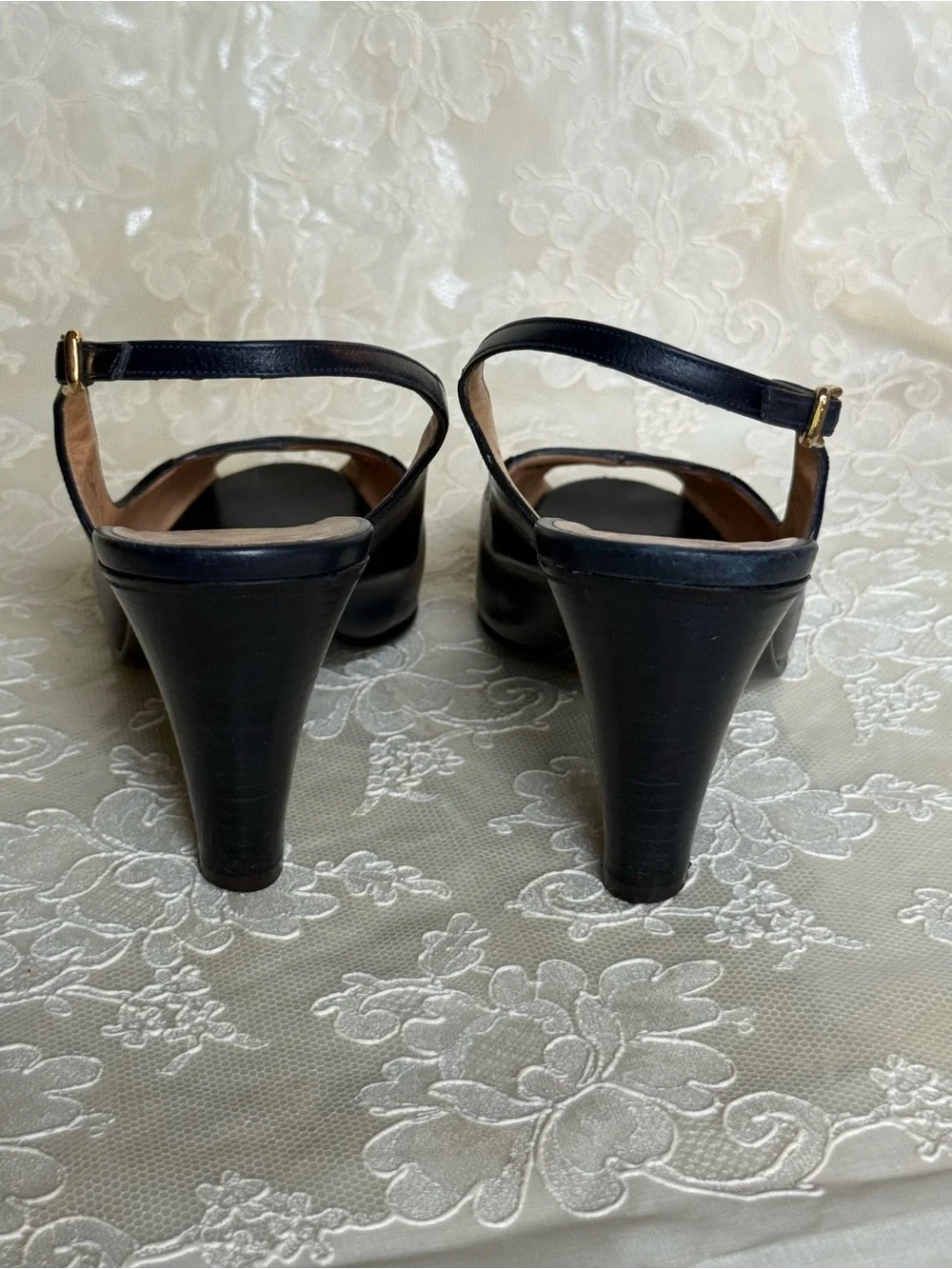 Bruno Magli Navy Blue Leather Slingback Peep-Toe Heels